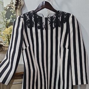 Valentino Monochrome Striped Dress with Lace